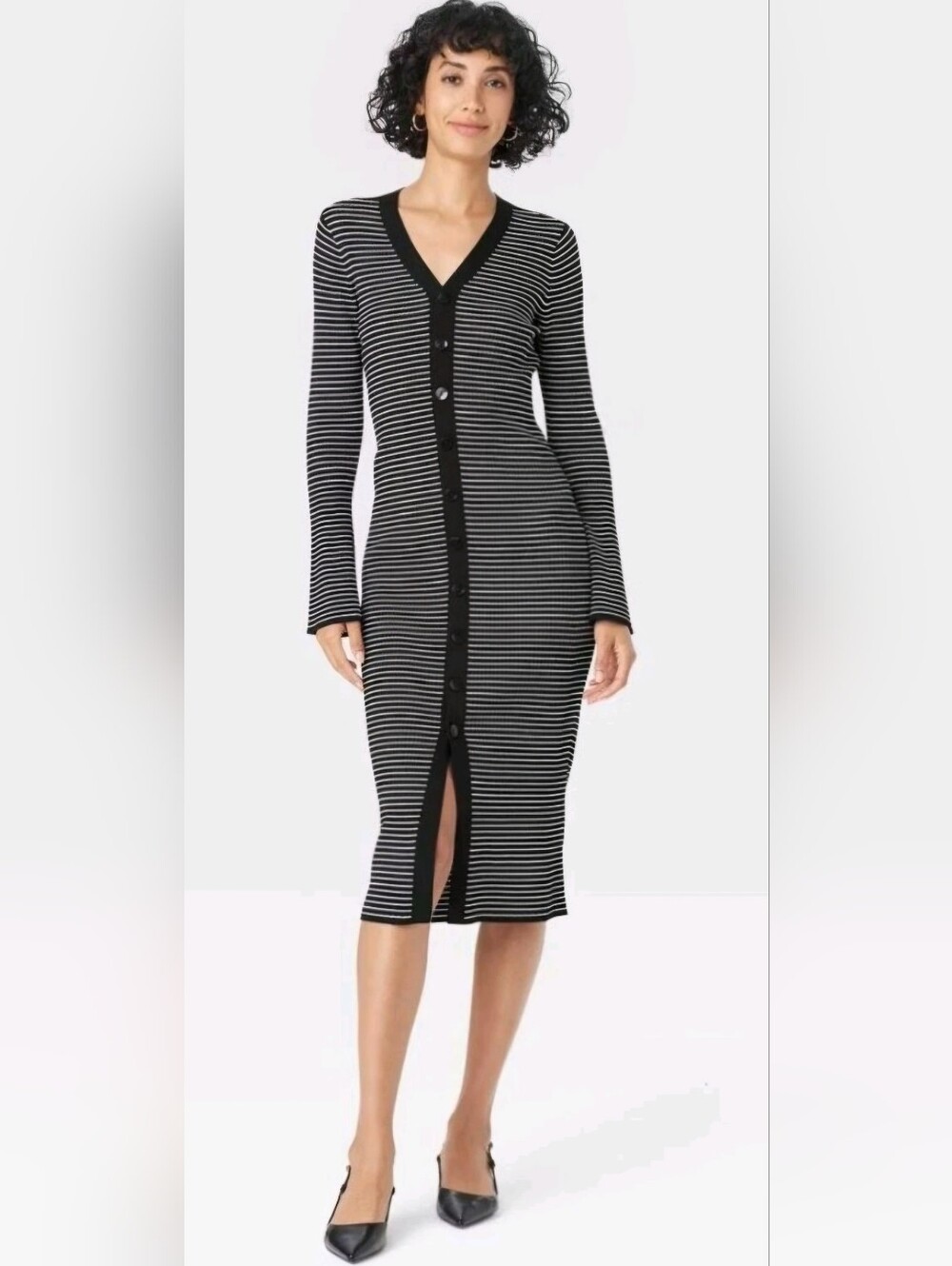 A New Day Women's Bell Sleeve Midi Sweater Dress Black White Striped: NWT: XL
